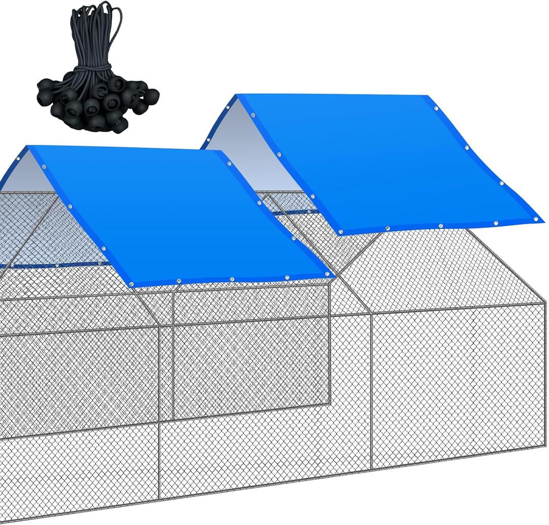 VitalCozy 2 Pcs Chicken Coop Cover Waterproof 11.5 x 6.6 ft Chicken Run Cover Coop Tarp Accessories for Winter with 50 Pcs Ball Bungees Cords for Outdoor (Blue)