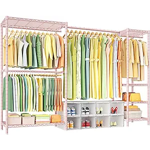 Ulif E10 Clothes Rack（With Stretchable Hanger Rod）Freestanding Clothing Racks for Hanging Clothes，Adjustable Closet Organizer System，Portable Garment Rack 73-97"W x 15" D x 72" H，Max Load 800LBS，Pink