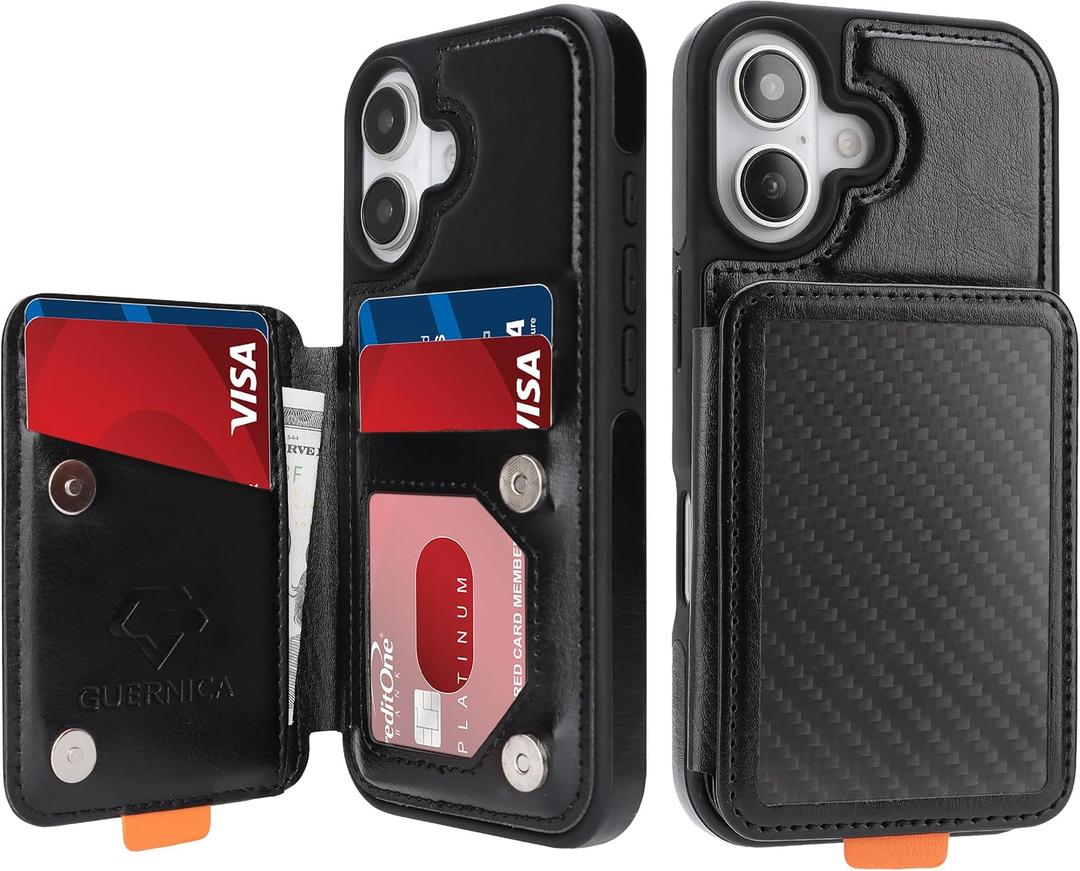 GUERNICA for iPhone 16 (6.1") Wallet Case with Card Holder, RFID Blocking for Women Men, Kickstand Shockproof Phone Case for Apple 16, A - Black
