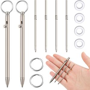 PerKoop 2 Sets Mini Titanium Pen Titanium EDC Pen Bolt Action Pen Portable Useful Cool Gadget with Replacement Refill Keychains Gift Bags Rubber Gasket for Men Women Kids Office Writing (Silver)