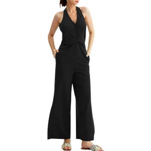 CHERFLY Jumpsuits for Women Dressy Elegant Outfits Summer Halter Overalls 2025 (Jet Black,XL)