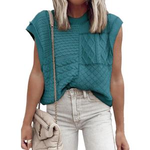 EVALESS Womens Short Sleeve Sweater Summer Fall 2025 Round Neck Crochet Pullover Cap Sleeve Knit Oversized Sweater Vest Tops (Medium, Lapis)