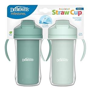 Dr. Brown's Milestones Insulated Sippy Cup with Straw and Handles, Spill-Proof Tumbler with Lid, 2-Pack, Green, 10 oz/ 300 mL, BPA Free, 12m+