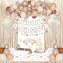 Birthday Decorations for Women, Boho Beige Cream Neutral Champagne White Sand Foil Balloons Table Cloth Sash Crown Curtains Happy Birthday Banner Circle Garland Butterfly Fall Party Supplies