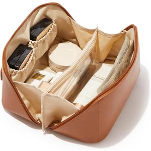 EACHY Travel Makeup Bag for Women, PU Leather Cosmetic Bag, A-Brown, Large Water-resistant PU leather exterior with flat-open access, clear TPU brush compartment and organized storage for cosmetics
