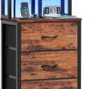 Furnulem Tall Night Stand, LED Nightstand with Charging Station and USB Ports, 4 Fabric Drawers and 4 Tier Storage Shelf, Bedside Table for Bedroom, Home, Dorm, Office (Rustic Brown)