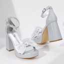 Mofri Showhow Platform Chunky Heels Women's Chunky High Heel Sandals Ankle Strap Open Toe Pump Bowknots Wedding Sandals for Wedding Bridal Party (Silver)