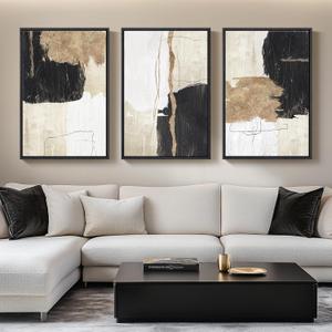Framed Black and White Abstract Wall Art for Living Room, Large Modern Gold Canvas Modern Picture Artwork, 3 Piece Minimalist Painting Prints for Dining Room Hallway Home Office Wall Decor, 24x36 Inch