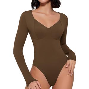 Avidlove Bodysuit for Women Long Sleeve Double Lined Tank Top V Neck Bodysuit Tummy Control Shapewear (Small, Brown)