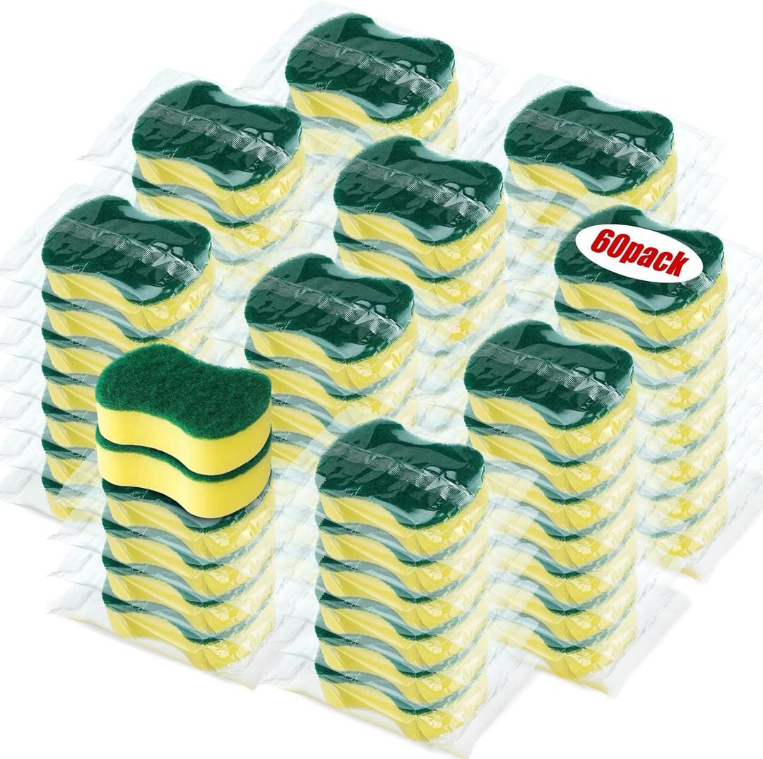 Tanlade 60 Pcs Individually Wrapped Sponges Kitchen Bulk Non Scratch Scouring Sponges for Dishes Household Cleaning Travel Apartments Hotel Car (Yellow Green)