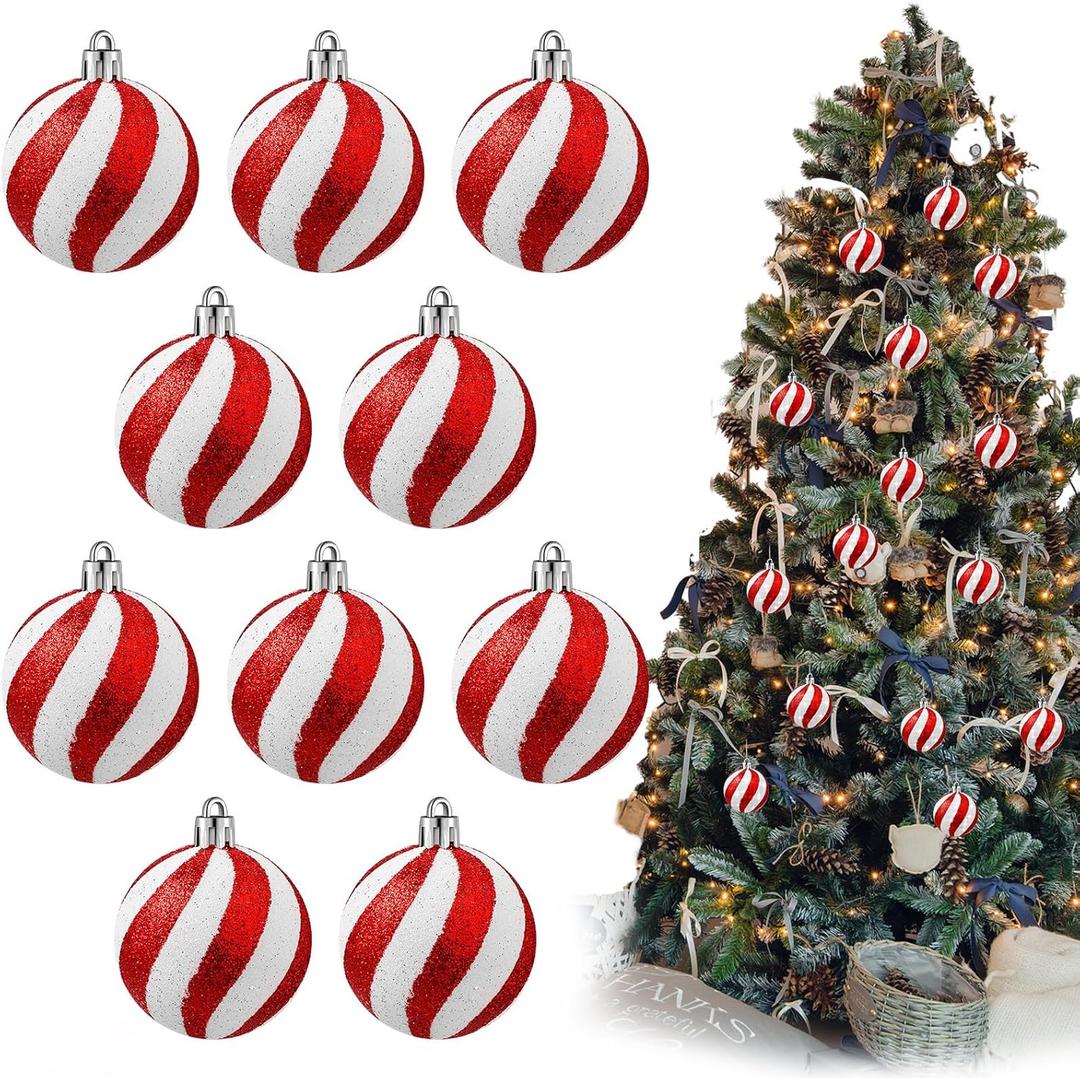 Jutom 10 Pieces Christmas Glitter Ball Ornaments 2.4 Inch Hanging Ornaments Balls for Tree Mini Christmas Xmas Swirl Decorative for Holiday Decor (Red)