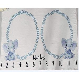 Baby Monthly Milestone Blanket Twins Neutral Blue Elephant Newborn Nursery Decor Photo Props Shoots Photography Growing Toddlers Soft Fleece Swaddle Blanket with Wreath Frames