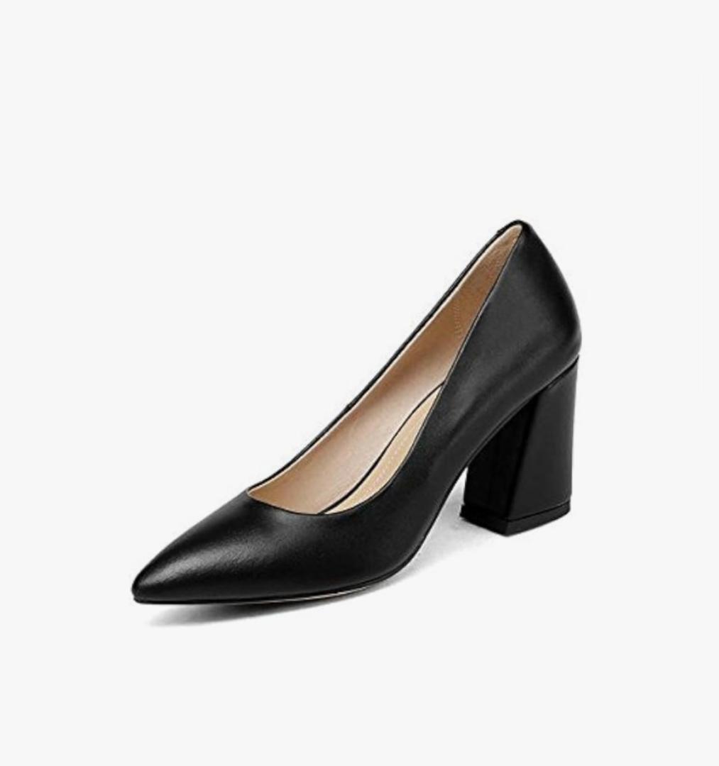 Women Summer Square High Heel Pumps PU Leather Pointed Toe Shoes - Black, 8