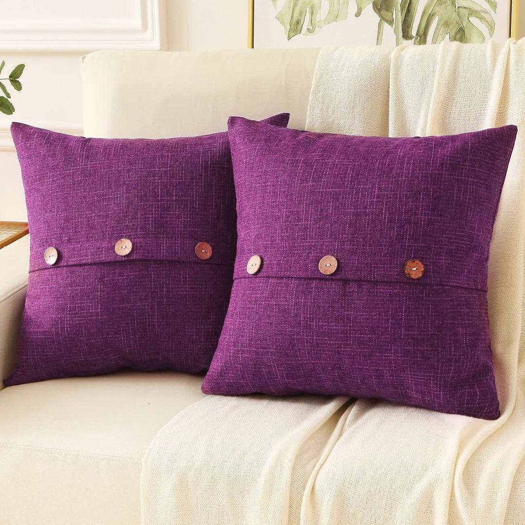 HAUSSY Purple Linen Decorative Throw Pillow Covers 14x14 Inch Set of 2,Square Cushion Case with 3 Vintage Buttons,Modern Farmhouse Home Decor for Couch,Bed