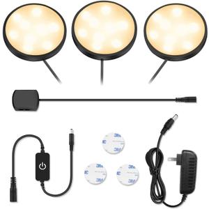 YGS-Tech LED Puck Lights, Under Cabinet Lighting Black Trim, 3000K Warm White, CRI90+, Touch Dimming, All Accessories Included, Under Counter Lighting for Kitchen, Closet Lights, Safe Light, 3-Pack