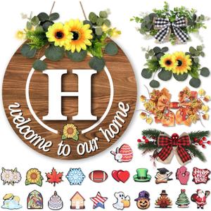 Interchangeable Welcome Home Sign, Last Name Year Round Front Door Wreaths, Welcome Sign for Front Door with 4 Seasonal Wreaths and 21 Year Round Interchangeable Icons for Home Decoration(H)