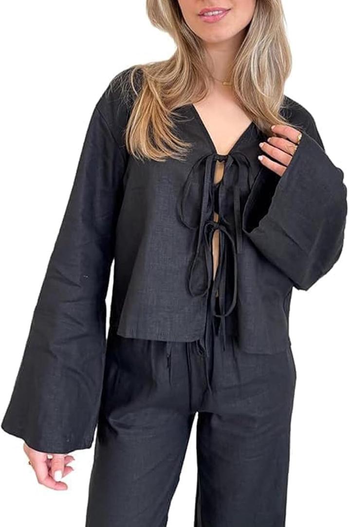 Chvity Tie Front Tops for Women Y2K Linen Shirts Flare Sleeve V Neck Going Out Coquette Clothes Casual Lace Up Bow Blouses (X-Large, Black)