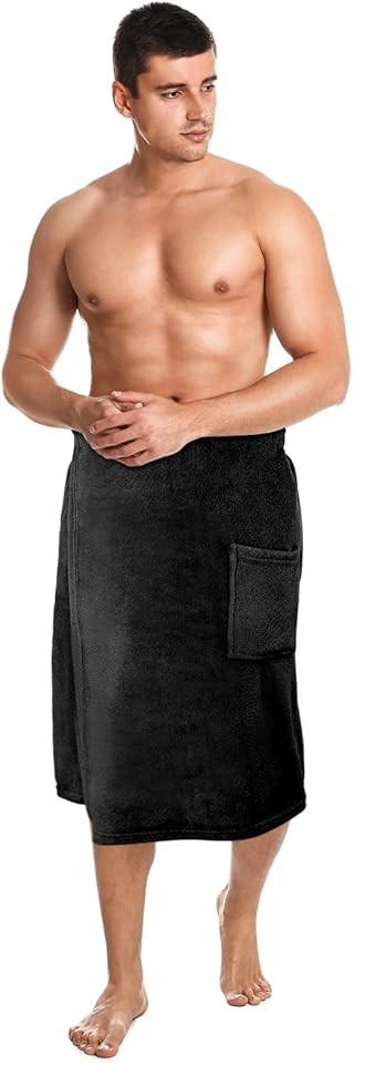 Tudomro 2 Pcs Men's Bath Wrap Towel Shower Adjustable Terry Body Spa Towel with Pocket After Shower Wrap for Men Gift Spa College Bath Dorm Room Gym(Large,Black, Navy Blue) (Large, Black, Navy Blue)