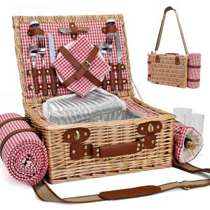 Picnic Basket with Blanket and Wine Pouch for 2, Wicker Picnic Set with Insulated Liner Cooler Bag Hamper for Camping,Wedding - Red Gingham