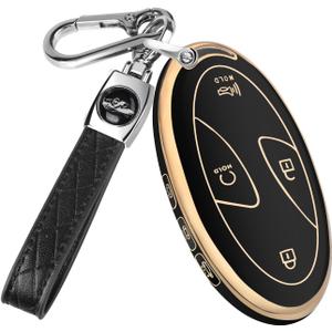 QBUC for Car Key Fob Cover,TPU 360 Degree Car Key Case Protector with Leather Keychain,7 Buttons smart key(Black)