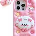 Kawaii 3D Dog Phone Case for iPhone 16 (with Retractable Phone Stand & Grip) Cute Girly Cartoon Soft Silicone Phone Cover for Girls, Kids, Teens, and Women, Pink