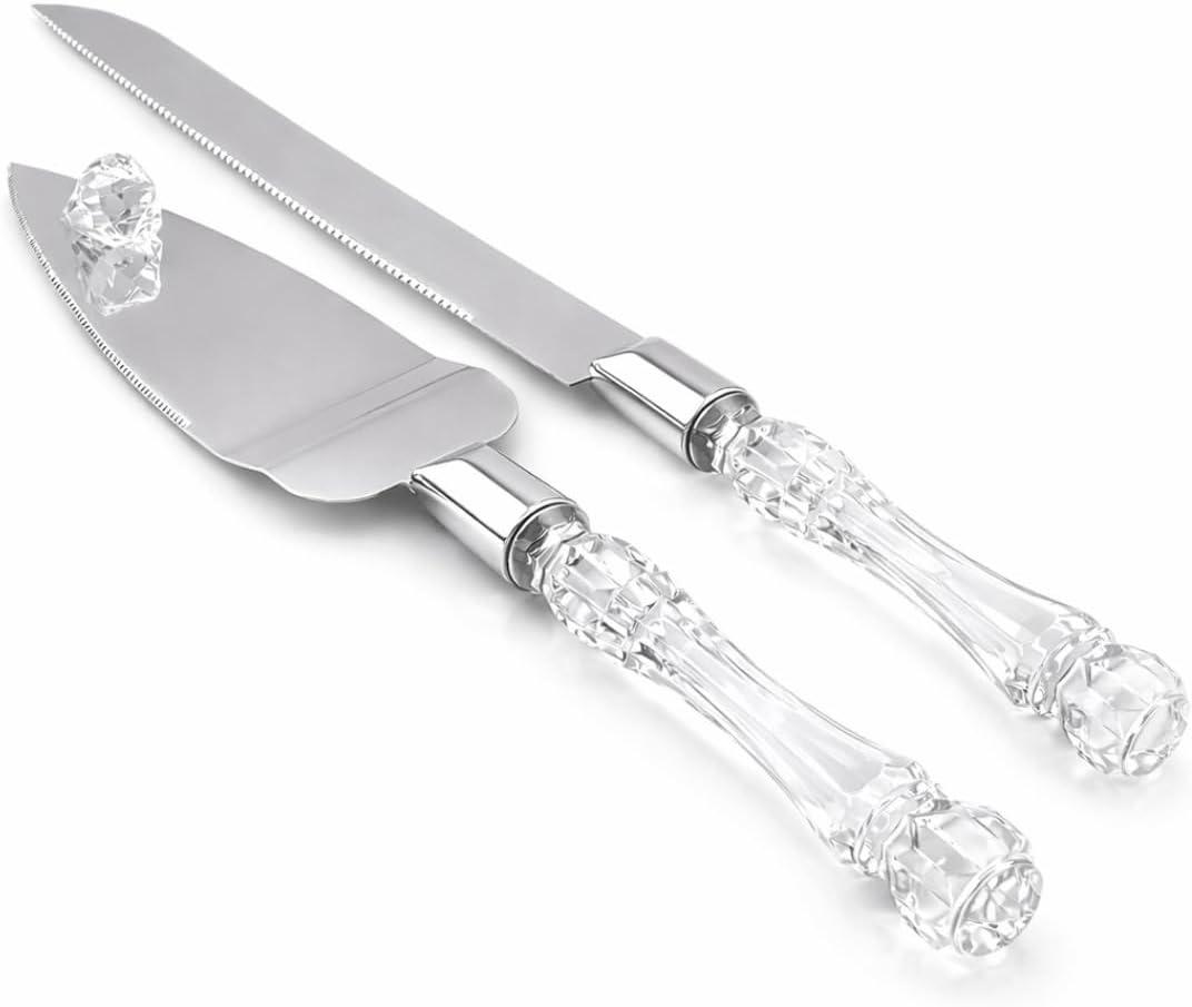 Adorox Elegant Cake Knife and Server Set Stainless Steel with Crystal Handle - Perfect for Weddings, Anniversaries, and Special Celebrations (Silver)