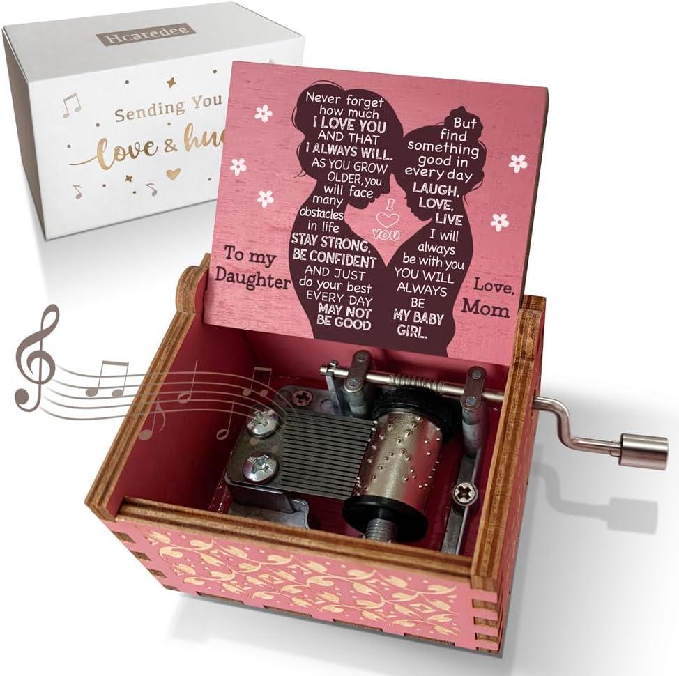 Music Box Gifts for Daughter from Mom, I Love You Daughter Gifts You are My Sunshine Hand Crank Wooden Musical Boxes to Daughter on Birthday Christmas Graduation Thanksgiving Mothers Day Pink
