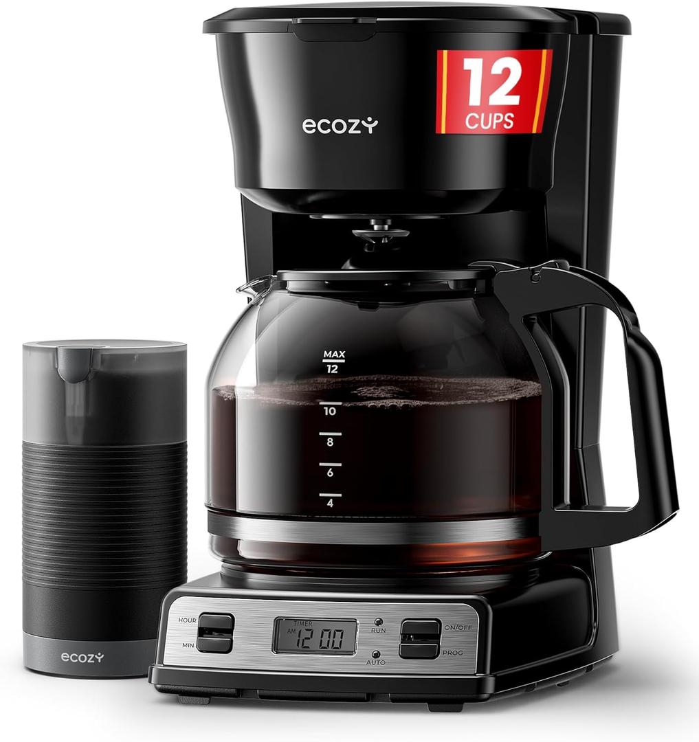 ecozy 12-Cup Programmable Coffee Maker with Electric Coffee Grinder Combos, Drip Coffee Machine with Pause & Pour Function, Auto Shutoff, Keep Warm, Brezzano DuoSet (Black)