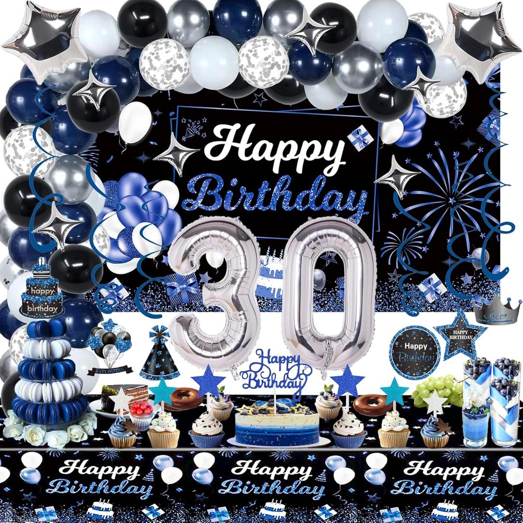 30th Birthday Decorations Set for Men, Navy Blue Silver Black; Includes Birthday Backdrop Banner, Tablecloth, 30 Number Balloons