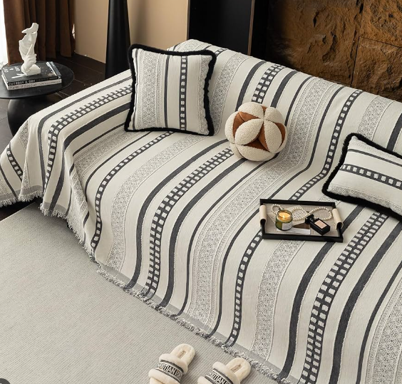 Striped Couch Cover Blankets, Boho Couch Covers, Sofa Blanket Cover for Dogs, Large Couch Covers for Recliner and Chair, Chenille Sofa Covers Washable Sectional(1pc/Grey/71 x 118")