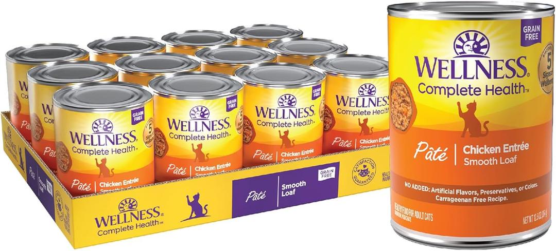 Wellness Complete Health Pate Adult Canned Wet Cat Food, Natural, Protein Rich, Grain Free, Chicken Entre Recipe, 12.5 oz, Pack of 12 Cans