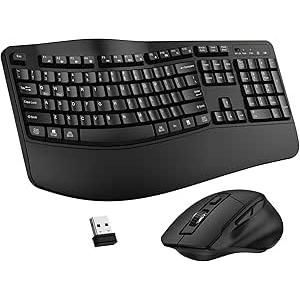 Wireless Keyboard and Mouse Combo, 2.4G Full Size Wave Keys Ergonomic Keyboard with Wrist Rest and 3Level DPI Adjustable Wireless Ergonomic Mouse for Windows, Mac OS Desktop/Laptop/PC(Black)