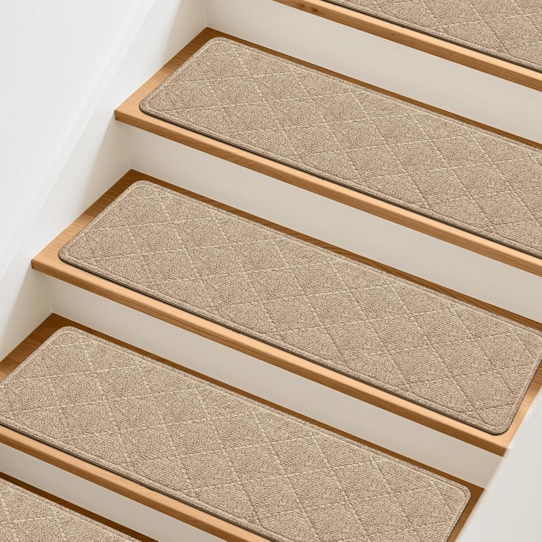 Stair Treads Non-Slip for Wooden Steps, 15Pack - 8" x 30" Edging Stair Runner Indoor for Kids Elders & Pets, Washable Carpet Stair Treads with Peel & Stick Reusable TPE Backing, Beige