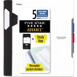 Five Star Advance Spiral Notebook + Study App, 5 Subject, College Ruled Paper, 8-1/2" x 11", 200 Sheets, Spiral Guard, Movable Tabbed Dividers, White (73154)