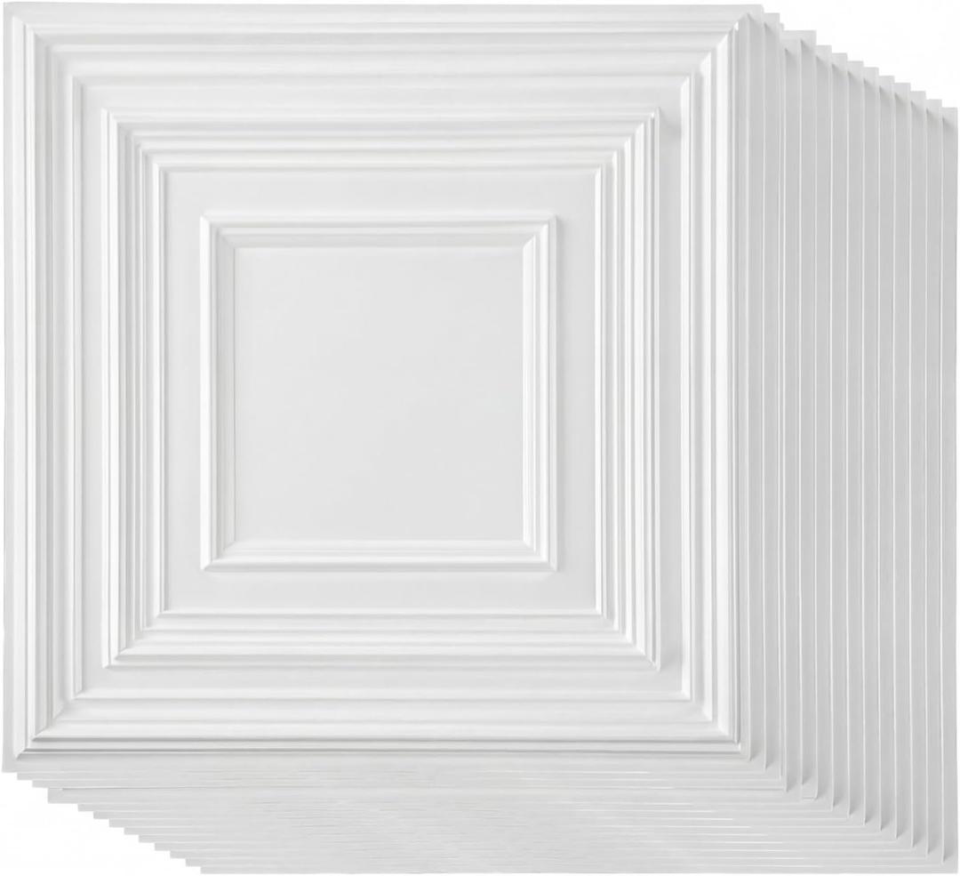 Nuanchu 30 Pcs Drop Ceiling Tiles 12 x 12 Inch PVC Ceiling Tiles Glue up Cuttable Paintable DIY Wall Panels 3D Decorative for Bathroom Interior Kitchen TV Background (White)