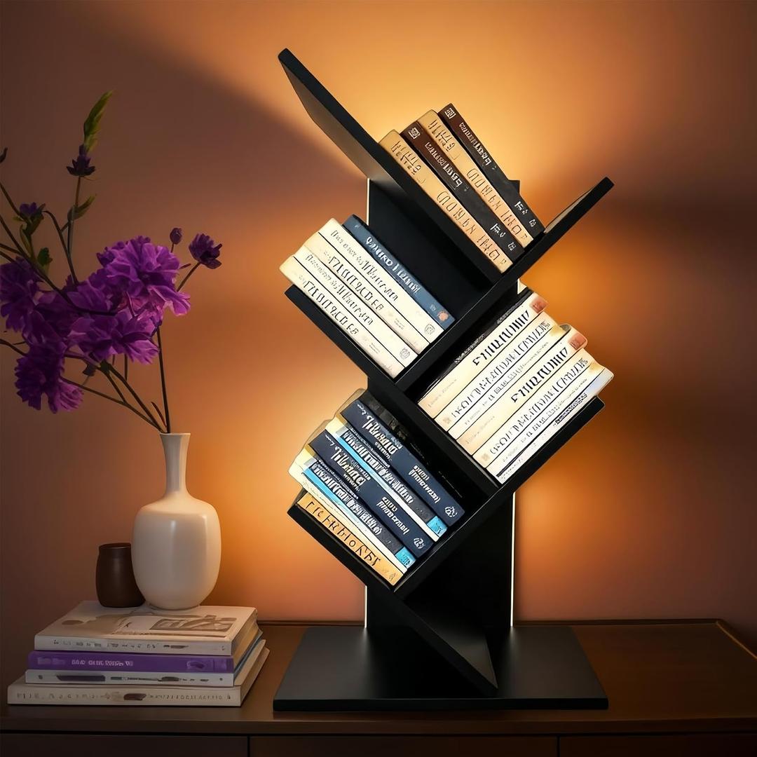 Small Bookshelf with Liting,5-Tier Wood Black Bookshelf,Desktop BookShelf, 23.6"tall | 5-Tier