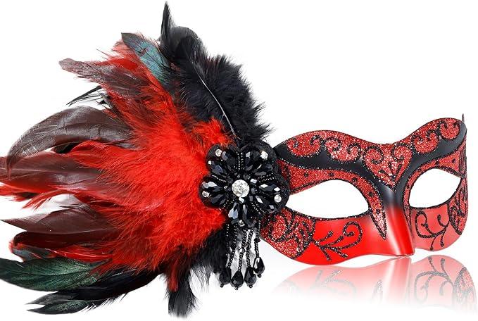 MYSEUNI 2025 New Red Masquerade Venetian Mask for Women - Womens Mascarade Mask with Feathers for Masquerade Party, Halloween Ball, Cosplay Prom, Christmas, Birthday, Wedding