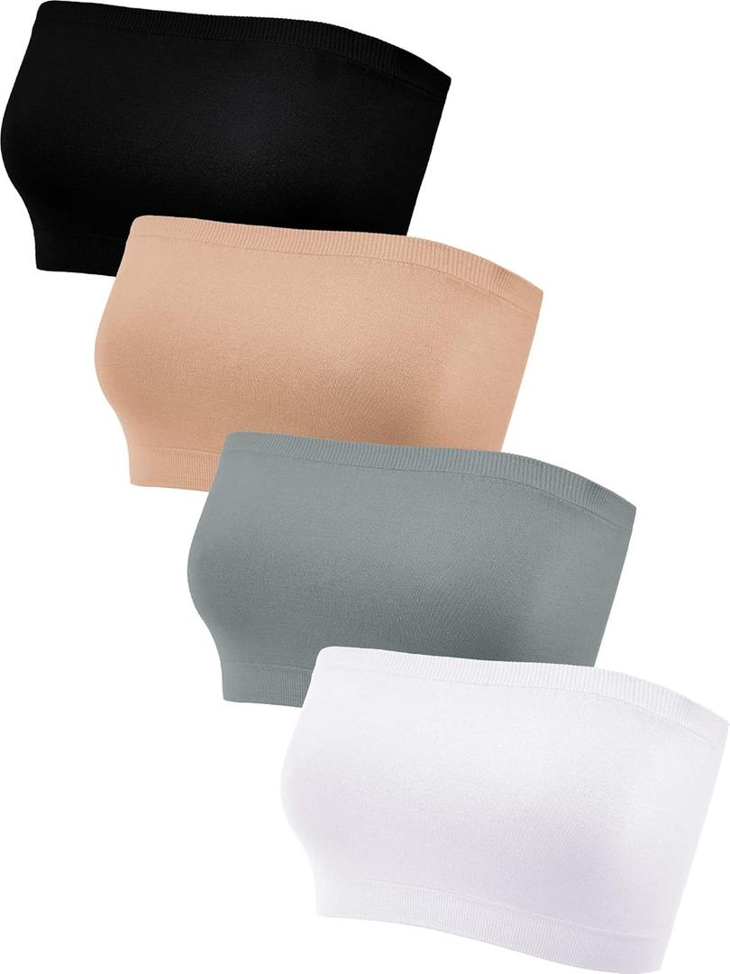 Geyoga 4 Pieces Strapless Bandeau Bra, Seamless Bralettes Stretchy Non Padded Bandeau Tube Top Bra for Women (Small, Black/Beige/Grey/White)