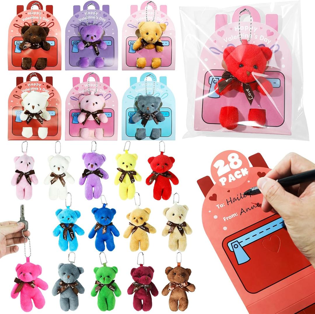 TORONTOKYO Valentines Day Gifts for Kids - 28 Pack Valentines Day Cards with Mini Plush Bear Keychain Toys for Kids Boys Girls Classroom School Gift Exchange Prize Rewards Bulk Party Favors