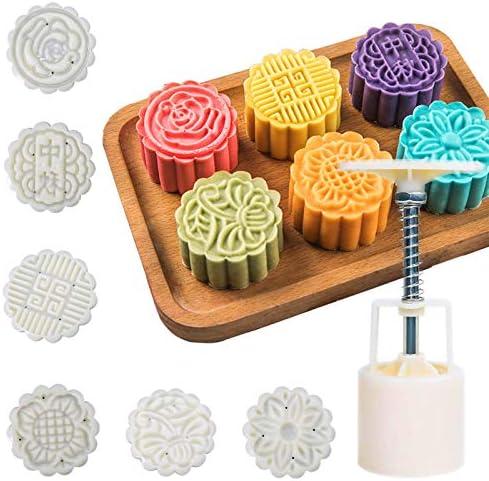 Moon Cake Mold 6 PCS, Mid Autumn Festival DIY Hand Press Cookie Stamps Pastry Tool Moon Cake Maker, Flower Mode Patterns 1 Mold 6 Stamps 50g (White).