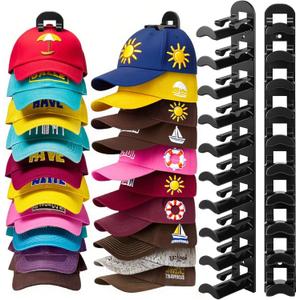 2 Pack Hat Hook Organizer for Baseball Caps, Hat Hanger Holder for 20 Caps, Wall Hat Rack with Strong Adhesive, Multilayer Cap Storage Hooks for Closet Door and Bedroom (Style B-Black)