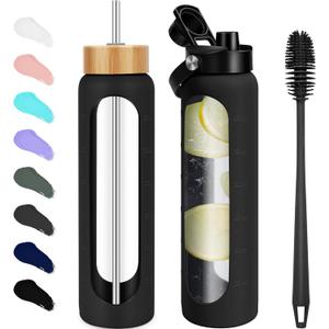 FULBEVY 32 oz Glass Water Bottles - 1 Liter Motivational Tumbler Water Bottle Time Marker - Borosilicate Glass Water Bottle With Silicone Sleeve and 2 Lids, Handle Spout & Bamboo Straw Lid