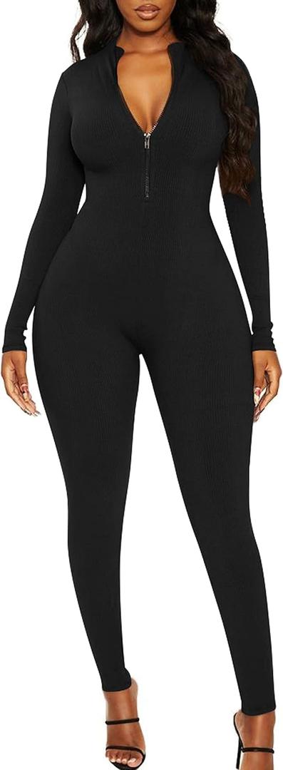 Mizoci Women's Sexy Bodycon Long Sleeve One Piece Jumpsuit V Neck Zip Up Ribbed Full Romper (Large, Black)