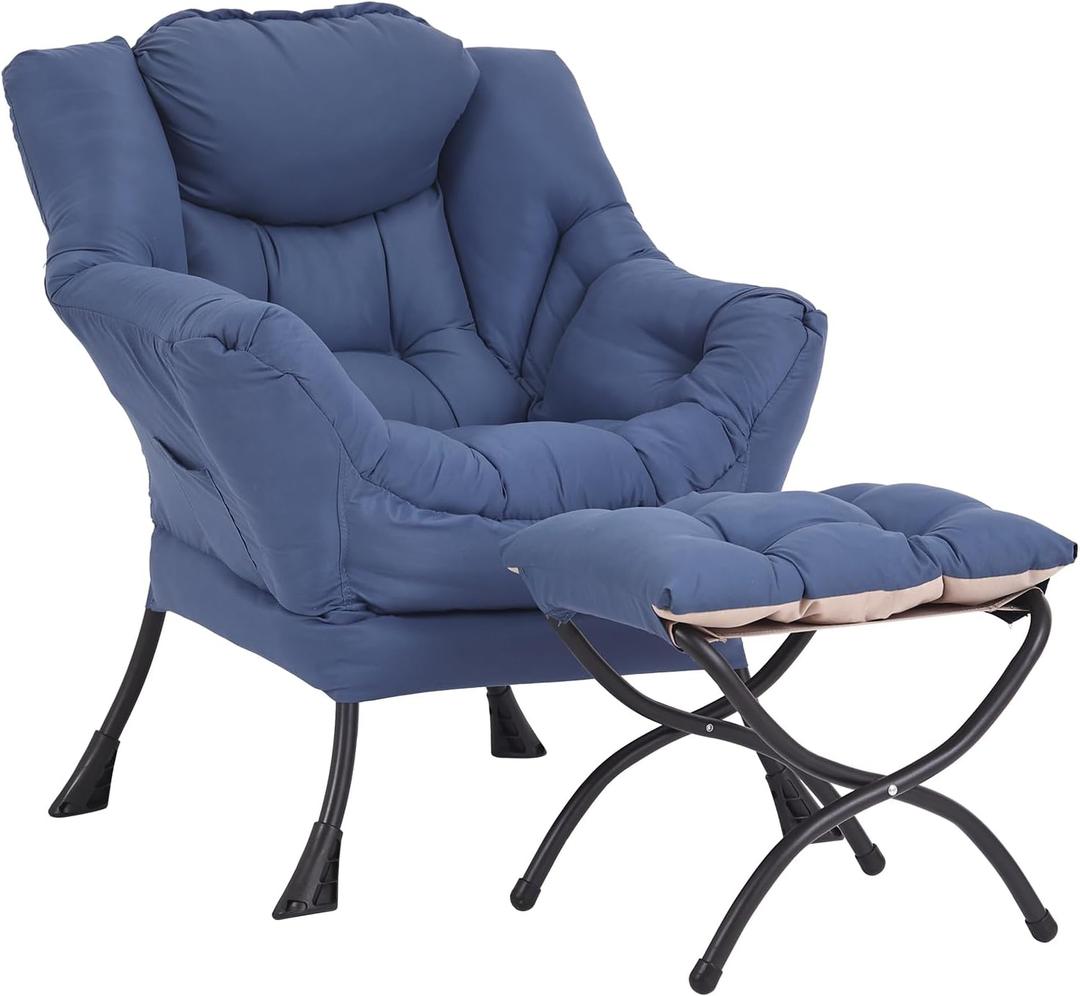 Lazy Chair and Ottoman, Large Accent Lounge Chair with Armrests and a Side Pocket, Modern Leisure Upholstered Sofa Reading Armchair with Footrest for Bedroom, Living Room, Dorm Rooms, Office (Blue)