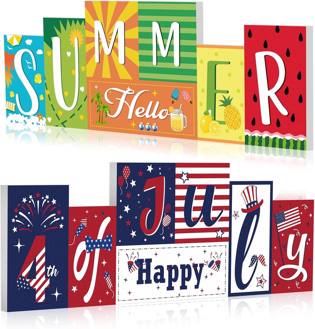 Summer Wooden Table Decor Double Sided Hello Summer and Happy 4th of July Sign Block Memorial Day Patriotic Decor for Office Home Indoor Shelf Centerpiece(Flag)