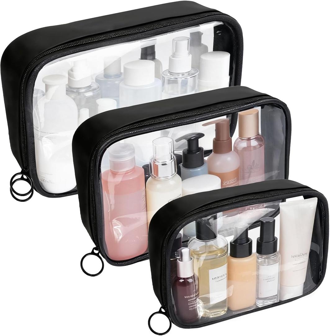 Clear TSA Approved Toiletry Bag - 3 Pack Travel Cosmetic Bag with Makeup Brush Bag Portable Travel Essential Organizer for Women Transparent Waterproof Cosmetic Storage Case Airline Compliant