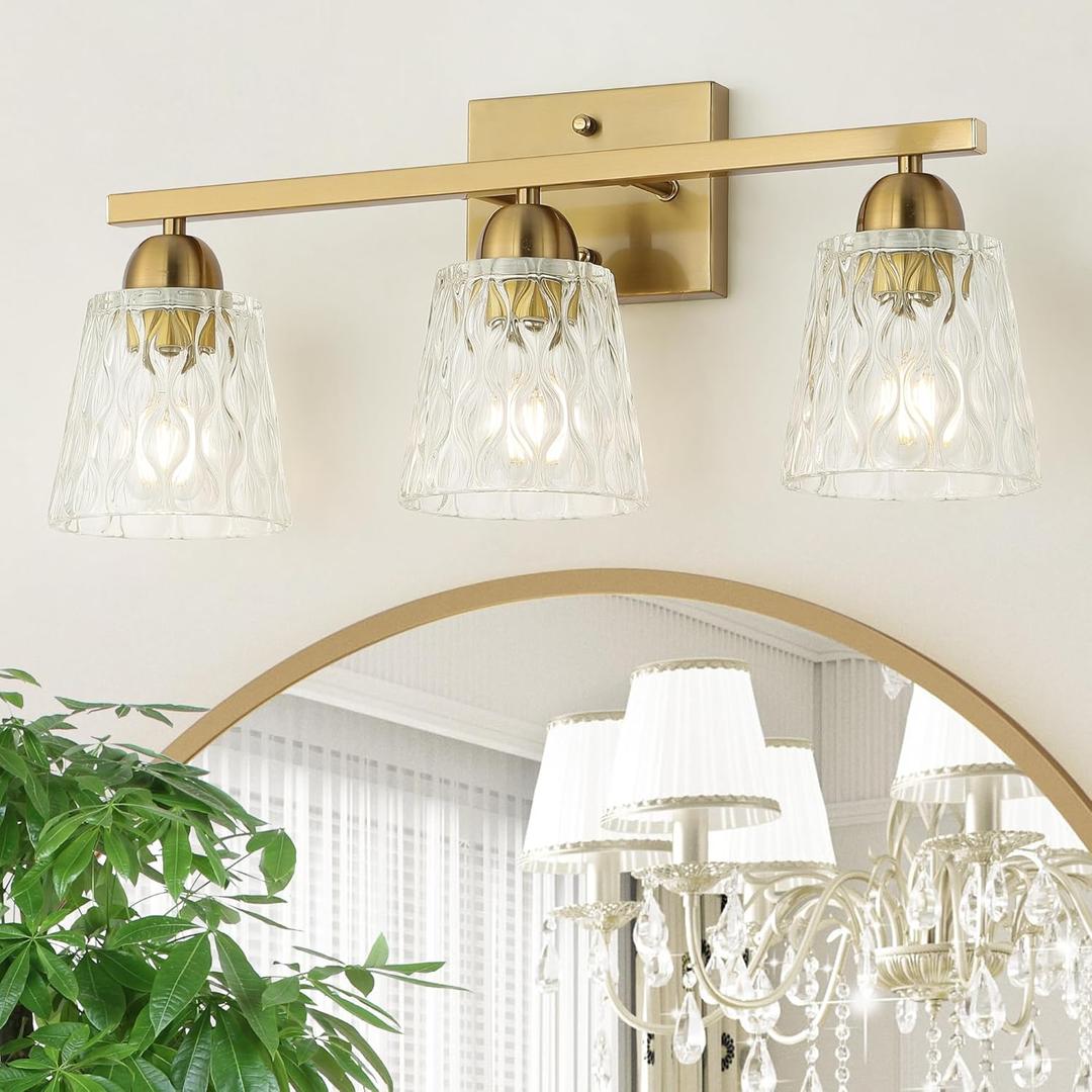 Stainless Steel Bathroom Vanity Light Over Mirror, 3 Light Brushed Gold Bathroom Light Fixtures with Textured Glass Shades, Modern Vanity Lighting Wall Mount