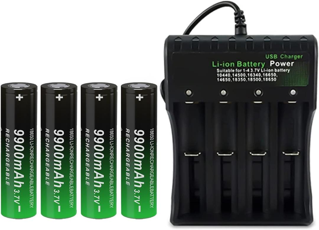 18650 Battery Charger for 3.7V Lithium-ion Battery,4 Pack Flat Top 18650 Battery + Charger
