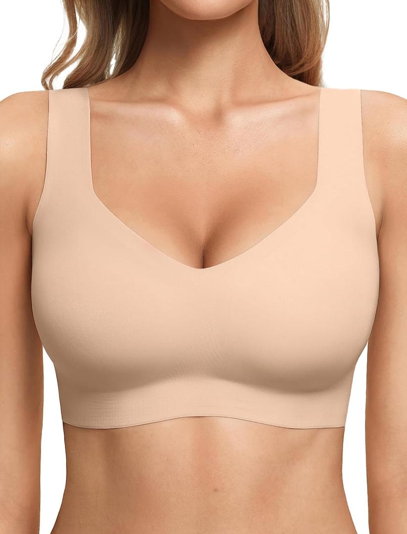 Jelly Bras for Women No Underwire Seamless Pullover Bras Wireless T Shirt Bralettes Wide Straps Sleep Everyday Bra (Beige, M)