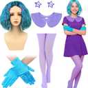JenPen 6 Pcs Halloween Women Costume Accessories Include Blue Green Wig Gloves Purple Fake Collar Stockings with Hairpins for Cartoon Movie Girls Cosplay Emotion Party